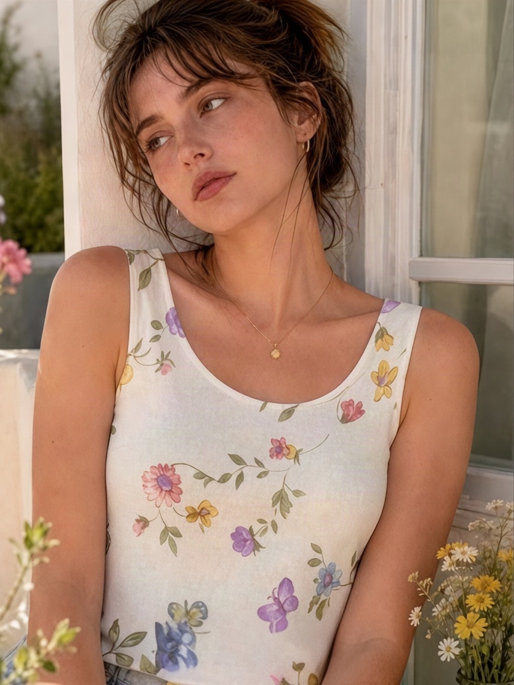 Laura Ashley Linen Rayon Crop Top Butterfly Wildflower Cottagecore Sleeveless